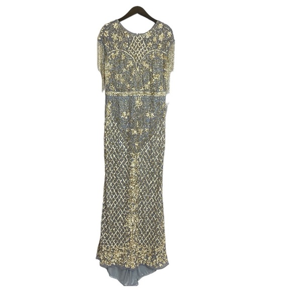Mac Duggal High Neck Beaded Fringe Fitted Gown